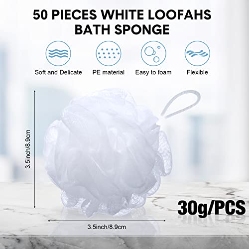 CHENGU 50 Pack Loofah Sponge Bath Sponge Shower Loofah Mesh Shower Ball Bath Pouf Wash Body Puff for Women Men, 30 g(White,Classic)