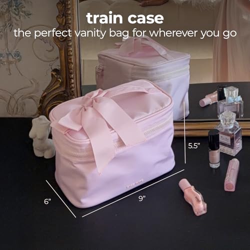 Pink Makeup Bag with Zipper & Bow - Travel Cosmetic Organizer
