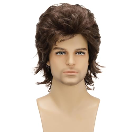 Men's 80s Short Brown Mullet Wig - Disco Rocker Punk Cosplay Halloween - Variation: Short Brown