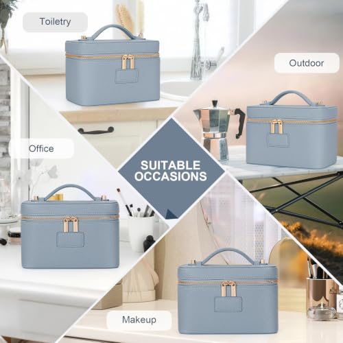Blue Waterproof Leather Makeup Bag Vanity Case with Removable Divider