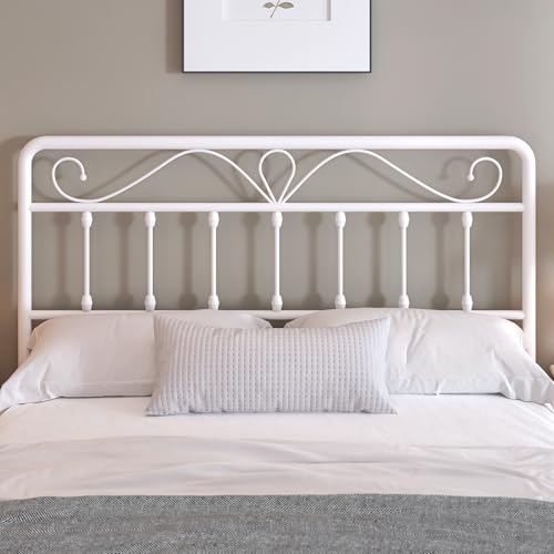 Full Size Metal Headboard for Bed Frame - White Victorian Style, Adjustable Height