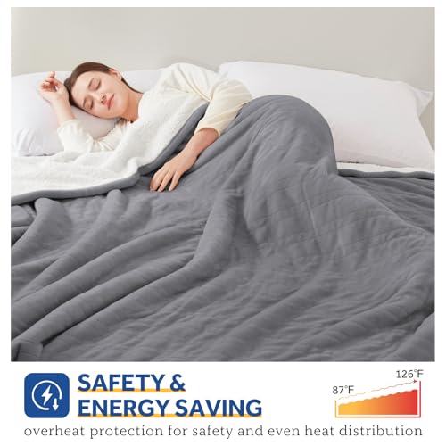 Twin Size Heated Blanket with Digital Controller - Flannel & Sherpa, Auto Off, Light Grey