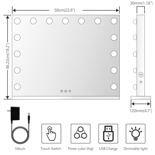 Vanity Mirror with Lights Lighted Makeup Mirror with 15 Dimmable LED Bulbs,3 Color Lighting Modes,USB Charging Port Touch Control,Sturdy Metal Frame Design 24x18 Inch,White
