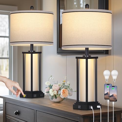 27-Inch Vintage Black Farmhouse & Industrial Table Lamp Set with USB-C, Outlet & Frosted Glass Night Light - Variation: Black