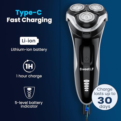 Waterproof Men¡¯s Electric Shaver with Travel Case, Powerful & Quiet, Type C Fast Charge (60min Charge, 120min Use), Precision Trimmer (Black)