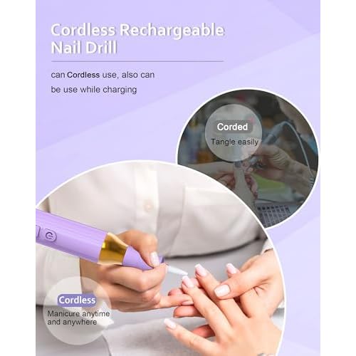 Nail Drill,Cordless Electric Files for Gel Nails E-File Manicure Kit Women Rechargeable Cordless Drill para U?as Profesional Machine Grinder Acrylic Purple