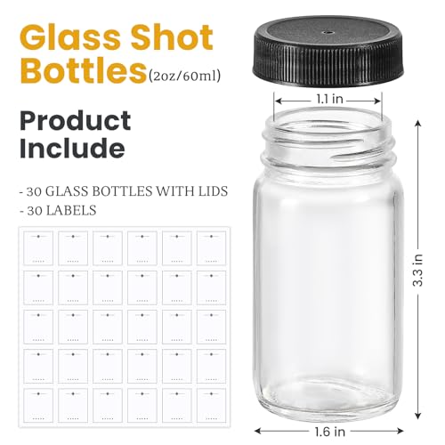 LANDNEOO 30 Pack 2oz Glass Shot Bottles with Black Cap - Wide Mouth, Leakproof, Dishwasher Safe, Travel Essentials