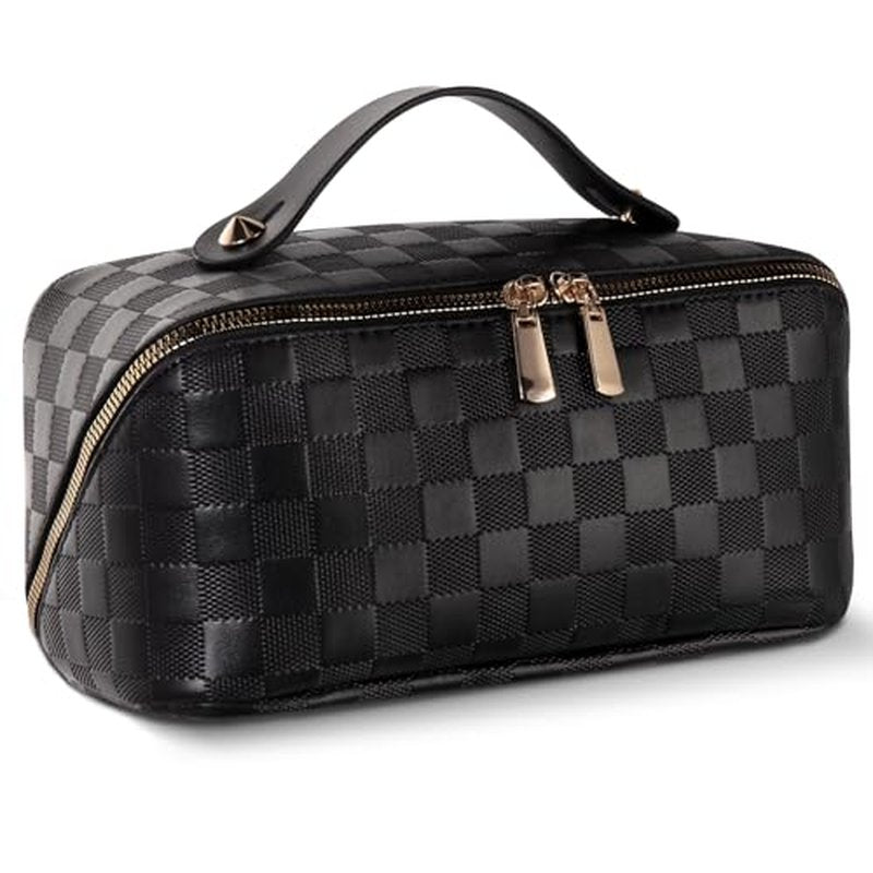 Abiudeng Travel Makeup Bag,Large Capacity Toiletry Bag Cosmetic Bags for Travel Essentials,Waterproof Portable Pouch Open Flat Makeup bag Organizer with Divider and Handle(Checkered-Black)