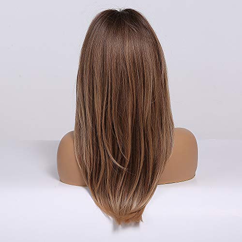 Ombre Brown Wigs with Bangs for Women Synthetic Heat-Resistant Wavy Hair Extension - Natural Look