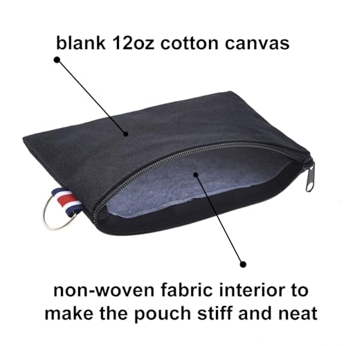 Muka 6 Pack 12oz Black Cotton Canvas Bags, 6 x 4 Inches Cosmetic Bags with Key Ring