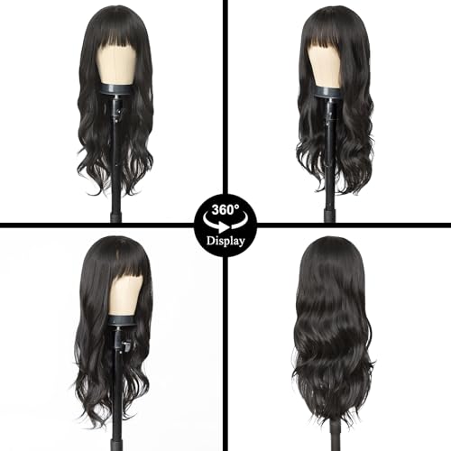 Black Wig for Women 26 Inch Synthetic Wavy Hair with Bangs - Cosplay & Daily Wear