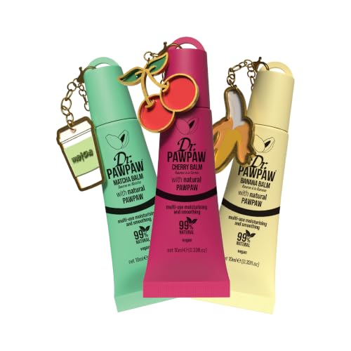 Dr. PawPaw Charm Lip Balm Set with Matcha, Cherry & Banana - Vegan Lip Oils with Castor & Aloe Vera, Keyring Charm - 3 Pack