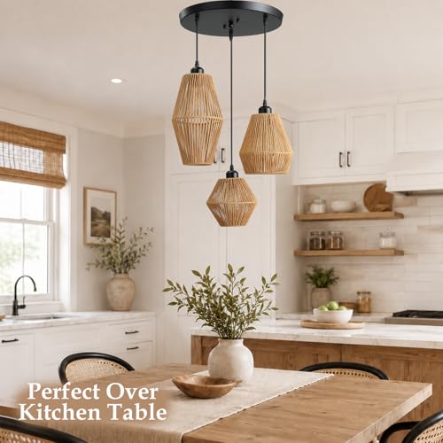 3-Light Rattan Pendant Light - Hand Woven Boho Chandelier, Adjustable Wicker Fixture - A Style