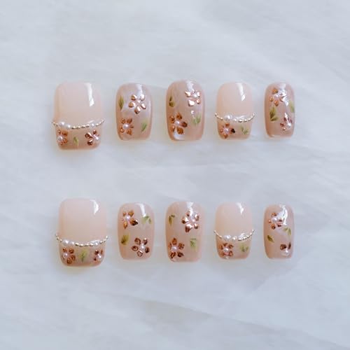 [GLORS] Short Square Press On Nails, Nude Pink with Rose Gold Foil and Pearl Accents, 10 Pieces (Small, SS)