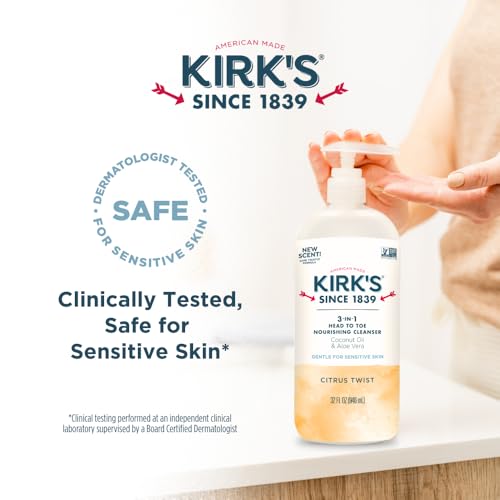 Kirk's 3-in-1 Head to Toe Nourishing Liquid Cleanser- for Men, Women & Children - Premium Coconut Oil & Aloe Vera- Non GMO & Vegan - Citrus Twist - 32 Fl Oz.