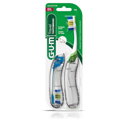 GUM Folding Travel Toothbrush 2 Pack - Compact Soft Bristle Toothbrush with Tongue Cleaner