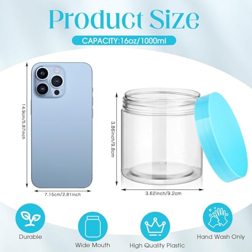 12 Pack 16 oz Plastic Round Jars with Lids - Blue Travel Cosmetic Containers