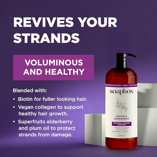 Soapbox Biotin Shampoo, Biotin & Collagen Super Fruit Shampoo for Thin, Fine, Thinning Hair | Volumizing & Repairing to Promote Hair Growth, Strength, Fullness, 1 Liter Pump Bottle
