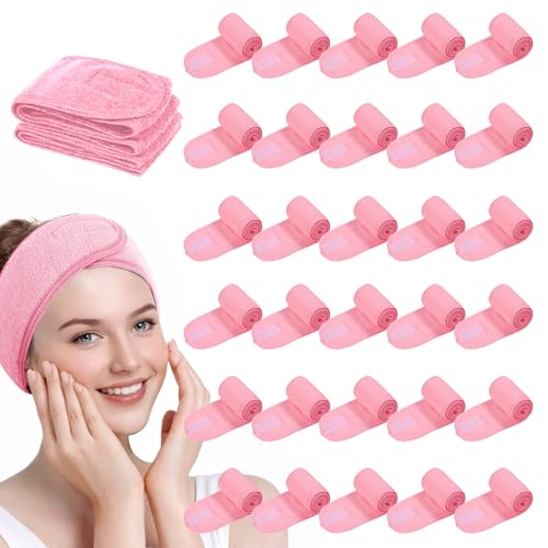 Pink Adjustable Spa Headbands 30 Pack Non-Slip Facial Hair Wraps for Face Washing, Makeup & Yoga - SHENGYIWA