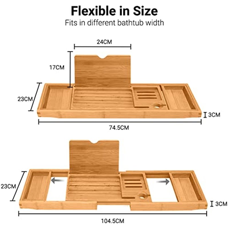ADOV Bathtub Tray, Foldable Bamboo Bathtub Caddy, Adjustable Bath Tray for Tub with Book Rest, Phone, Tablet, Candle, Towel, Glass Holder, Extendable Wooden Bath-Shelf Fits Most Bathtubs Sizes