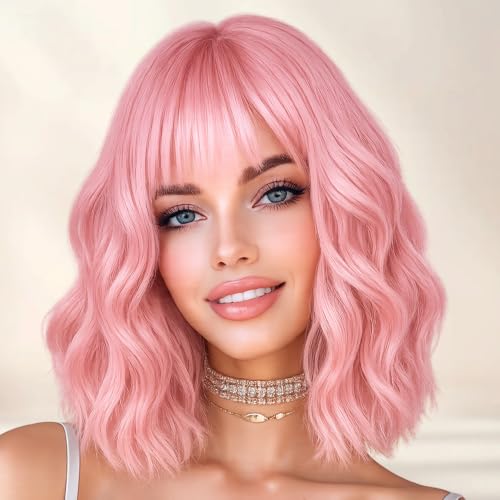 Pink Wavy Bob Wig for Women Short Pastel Curly with Bangs - Cosplay & Party Wig - Variation Pink