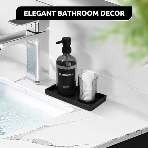 Mouthwash Dispenser for Bathroom, Glass Mouth Wash Pump Dispenser with Cup Holder, 17 Fl Oz Mouthwash Bottle Decanter with Tray, Refillable Mouthwash Dispenser Container (Clear Black)