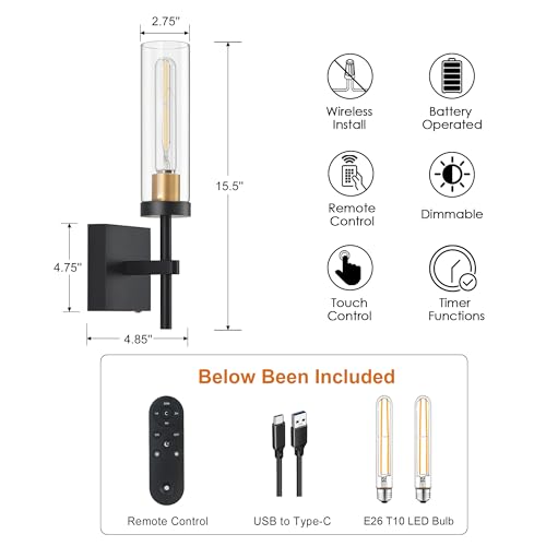 SANTOSTOCK Black Gold & Clear Glass Wireless Wall Sconces Set of 2 - Rechargeable Dimmable Battery-Powered LED Lights for Bedroom Living Room Bathroom Hallway 16 Inch