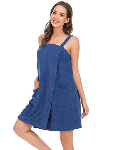 Large Blue Women Bath Wrap Towel with Pocket & Facial Headband - Adjustable Spa Robe