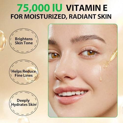 Vitamin E Oil for Skin,75,000 IU Pure Vitamin E Oil for Face, Hair,Nail & Body Tightening Plump Skin,Reduce Fine Lines & Scars,Moisturizing & Smooth,Non-GMO