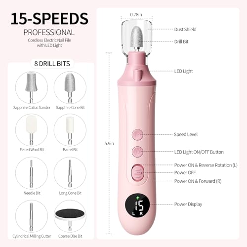 Electric Nail Drill Kit, Nail Filer Electric with LCD & Lamp, Rechargeable Pedicure Tools for Feet, Toenail Grinder for Thick Toenails, Cordless Nail Dremel Tools for Women & Men