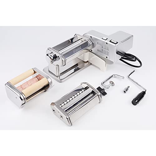 Electric Pasta Maker Machine with Motor & Hand Crank, Ravioli Roller, Adjustable Thickness