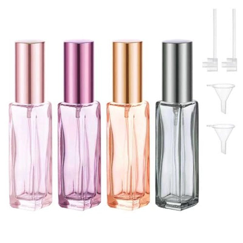 4PCS 10?ml Refillable Travel Perfume Bottle Set ? Glass Perfume Atomizer and Mini Spray Bottles with Funnels, Portable Leak?Proof Containers