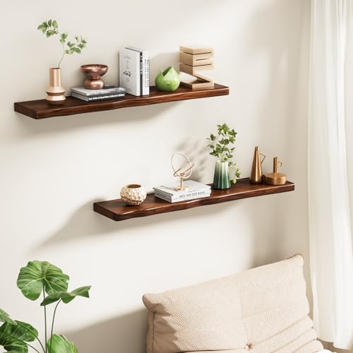 Avytronx Walnut 36-inch Organic Wavy Edge Floating Shelves 2-Pack with Hidden Brackets