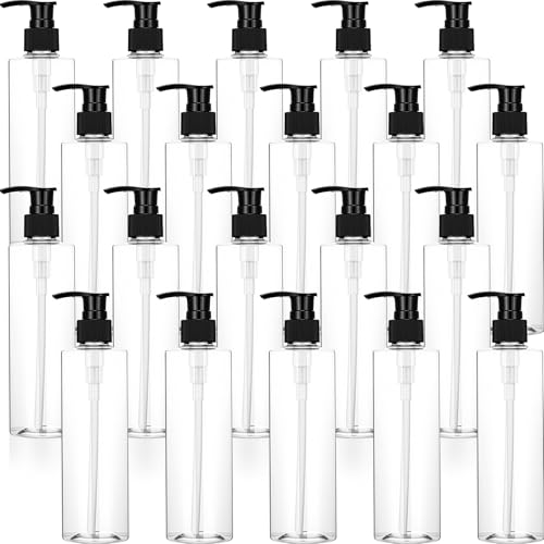 Thyle 20 Pcs Plastic Pump Dispenser Bottle 8 oz Refillable Plastic Bottles Bulk Lotion Container Travel Lock Empty container for Shampoo Massage Oil Dispensing (Clear)