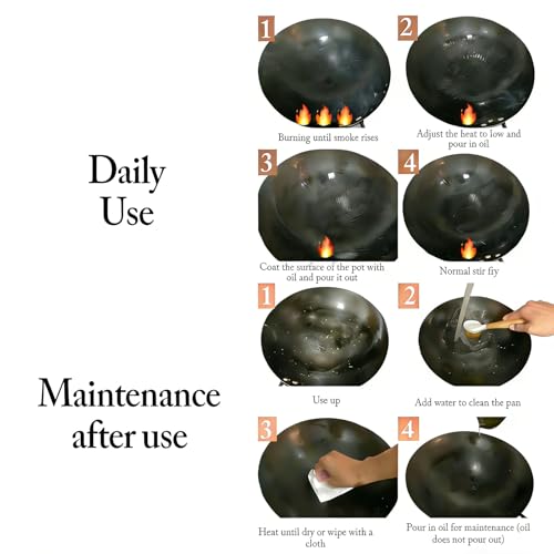 14-Inch Carbon Steel Wok Round Bottom with Wooden Lid & Rubber Handle - Gas Stove Ready, Traditional Chinese Cooking, 14in / Rubber Handle