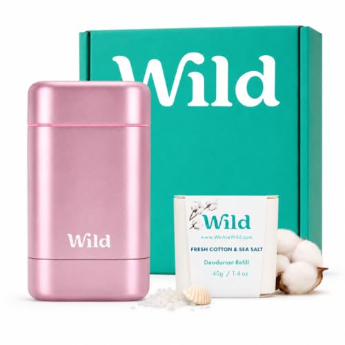 Wild Aluminum Free Natural Deodorant Starter Kit - Pink Refillable Case & 24H Odor Protection - Fresh Cotton & Sea Salt Scent