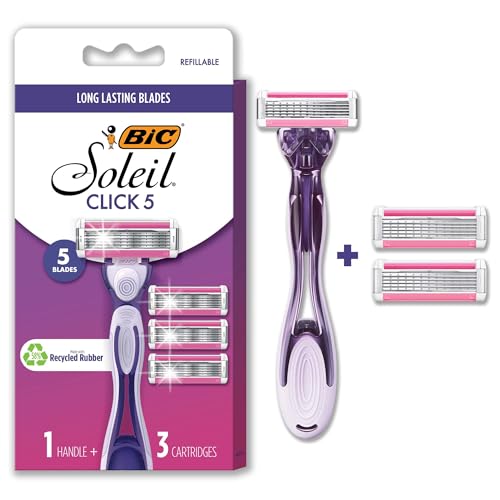 BIC Click 5 Soleil Women's Disposable Razors; 5 Blades With a Moisture Strip For a Smoother Shave; 1 Handle and 3 Cartridges; 4 Piece Razor Set