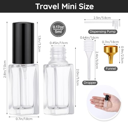 Segbeauty 40pcs 0.17oz Bulk Glass Atomizer Sprayer for Perfume, Mini Empty Travel Perfume Bottle Refillable with Black Cap, 5ml Small Fine Mist Glass Travel Cologne Atomizer for Men with Decanter Kit
