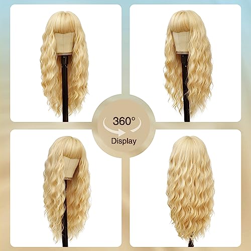 VERNA Blonde Curly Wavy Synthetic Wig 26 Inch with Bangs - Natural Look, Heat Resistant