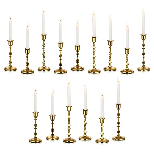 Gold Brass Taper Candle Holders Bulk - 5 Sets (15 Pcs) Vintage Bamboo Design