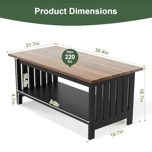 YOSHOOT 39.4-Inch Farmhouse Coffee Table with Double-Layer Shelf