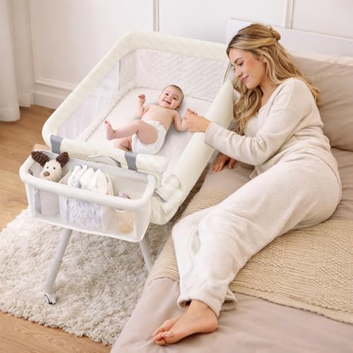Baby Bassinet Bedside Crib with Storage & 4-in-1 Convertible Modes - White