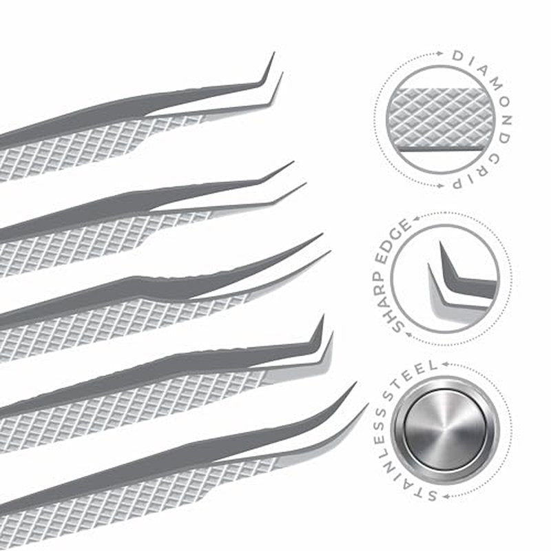 GMI Lash Tweezers - Set of 5 Eyelash Tweezers - Stainless Steel Eyelash Extension Tweezers - Multipurpose Lash Tweezers for Eyelash Extensions for Individual., T1122
