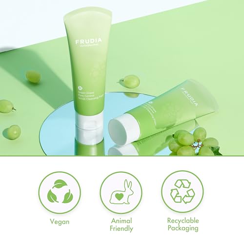 FRUDIA Green Grape Pore Control Exfoliating Face Wash (4.9 oz) ? Korean Facial Cleanser w/Green Grape Seed Scrub & Vitamin E | Korean Skin Care for Pore Control & Deep Cleansing