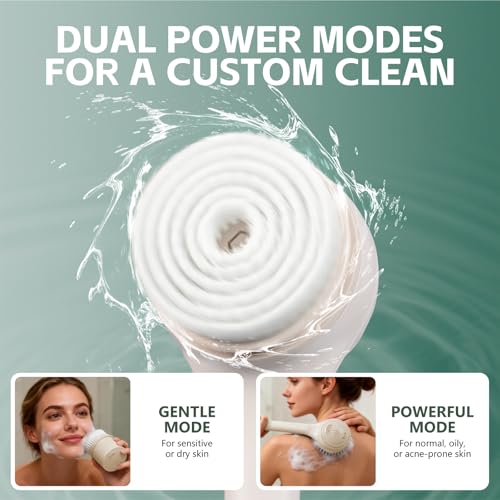 Beige Electric Body Brush Back Scrubber with 4 Heads Waterproof Dual Handle