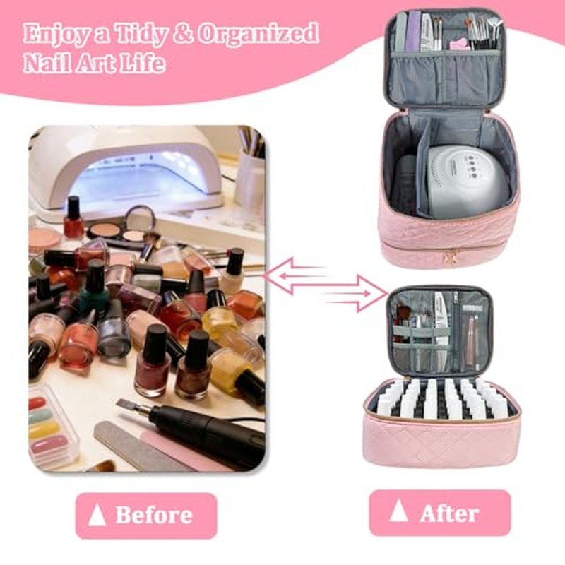 JEWHITENY Nail Polish Organizer Bag Holds 30 Bottles & Nail Lamp,Double-Layer Nail Polish Storage Bag with Adjustable Dividers,Portable Nail Kit Bag For Nail Stuff & Manicure Tools (Pink)