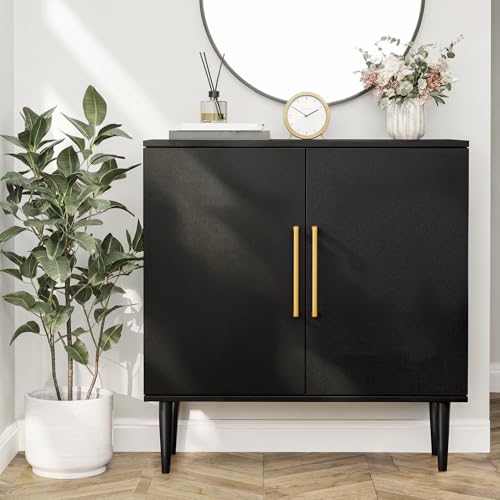 Black Storage Cabinet - Modern Buffet Sideboard with Shelves & Gold Handle