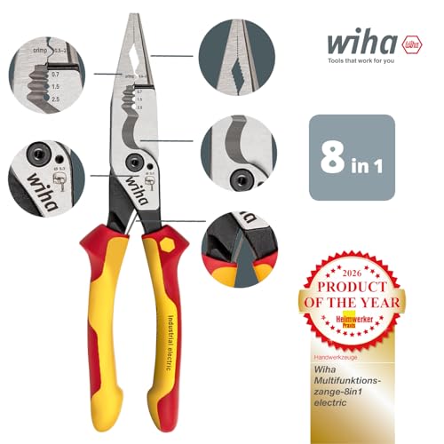 Wiha 8-in-1 Multifunction Pliers for Electricians – Crimp, Strip, Cut, Bend & More (45705)