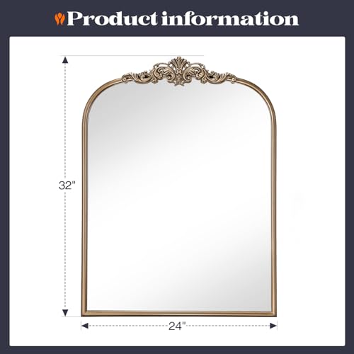 Antique Gold Arch Mirror 24x32 in. with Ornate Metal Frame - Brauthon