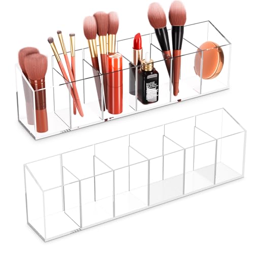 Acrylic 6-Compartment Makeup Organizer 2 Pack - Transparent Brush & Cosmetic Storage for Vanity